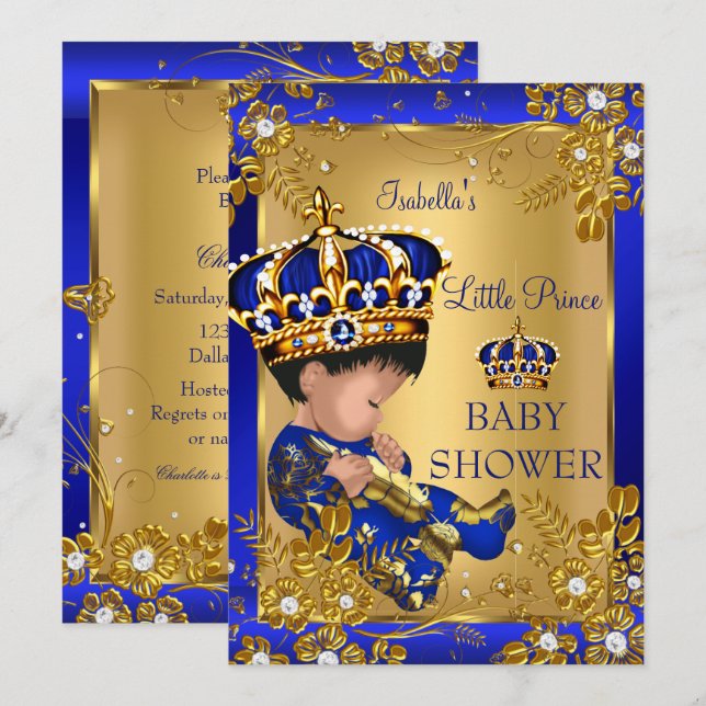Prince Boy Baby Shower Gold Blue Crown Invitation (Front/Back)