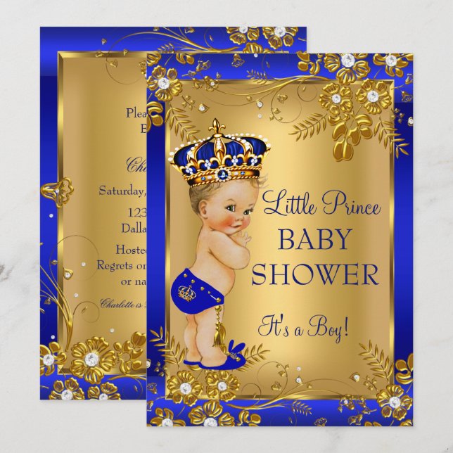 Prince Boy Baby Shower Gold Blue Floral Blonde Invitation (Front/Back)