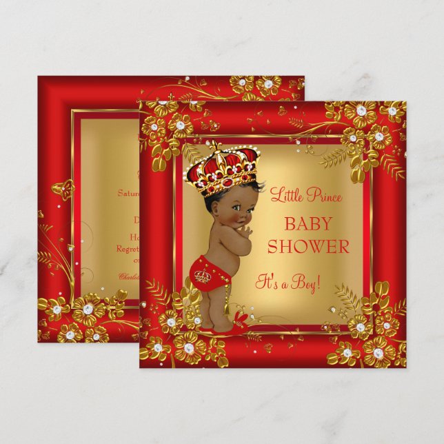Prince Boy Baby Shower Gold Red African American Invitation (Front/Back)