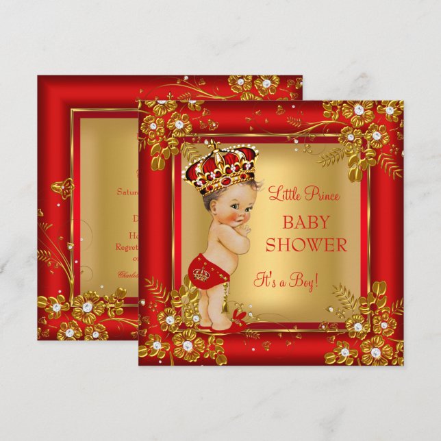 Prince Boy Baby Shower Gold Red Brunette Invitation (Front/Back)