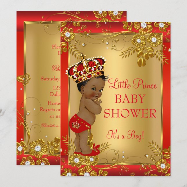 Prince Boy Baby Shower Red Gold African American Invitation (Front/Back)