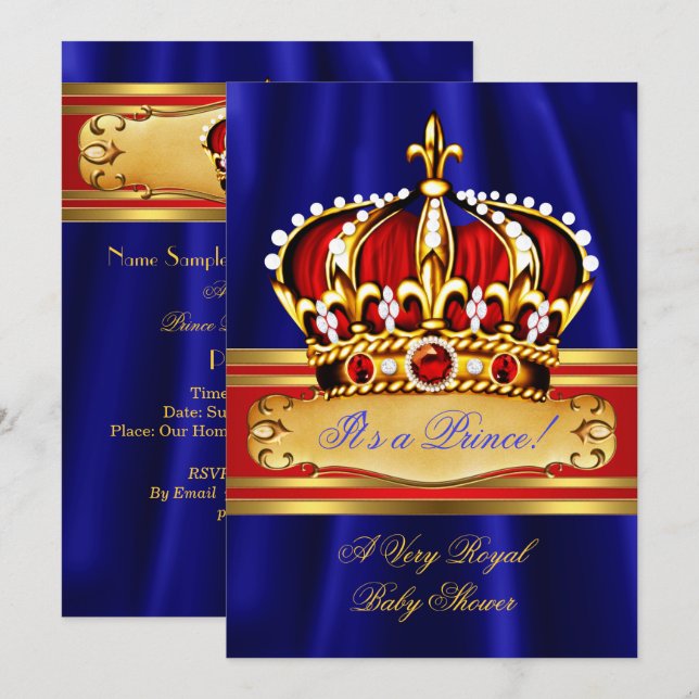 Prince Boy Baby Shower Red Royal Blue Gold Crown Invitation (Front/Back)