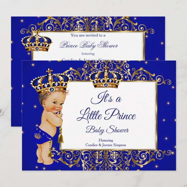 Prince Boy Baby Shower Royal Blue Gold Brunette 2 Invitation (Front/Back)