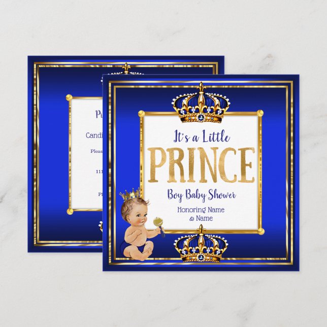 Prince Boy Baby Shower Royal Blue Gold Brunette Invitation (Front/Back)