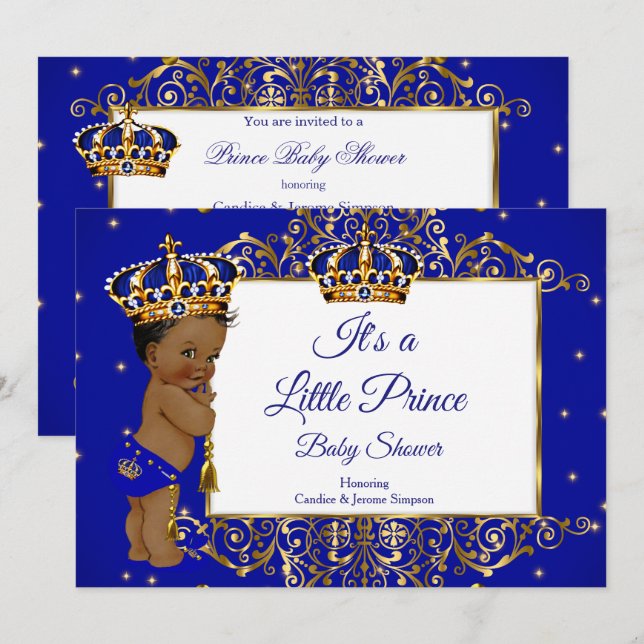 Prince Boy Baby Shower Royal Blue Gold Ethnic 2 Invitation (Front/Back)