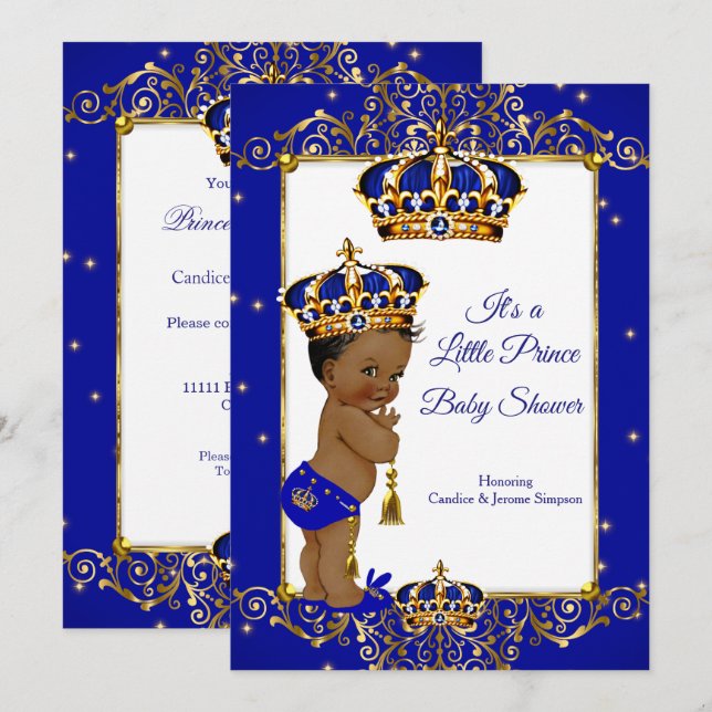 Prince Boy Baby Shower Royal Blue Gold Ethnic Invitation (Front/Back)