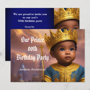 Prince Boy Birthday Blue Gold African American 2 Invitation