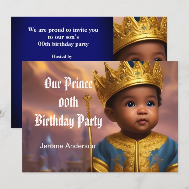 Prince Boy Birthday Blue Gold African American 2 Invitation (Front/Back)