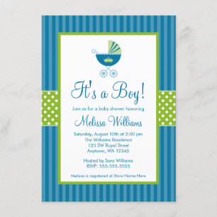 Prince Carriage Blue Green Stripes Baby Shower Invitation