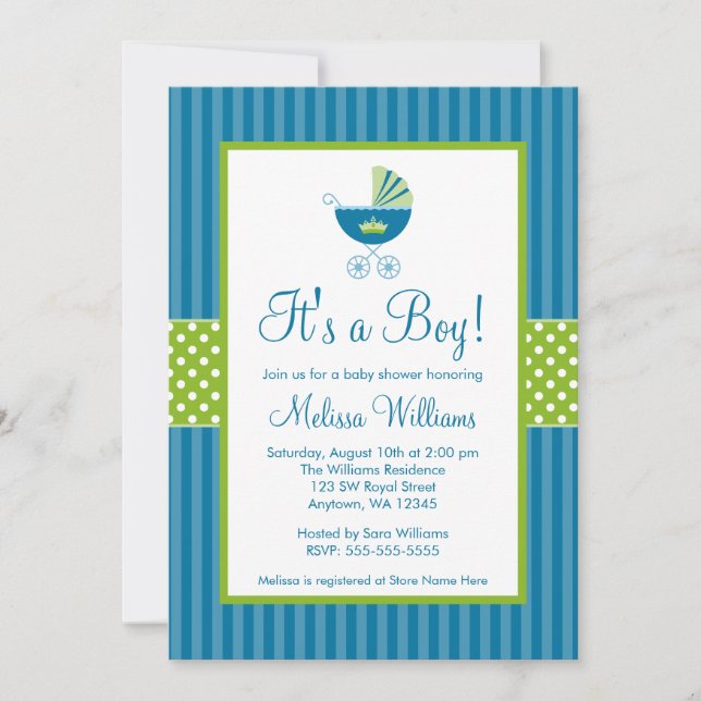 Prince Carriage Blue Green Stripes Baby Shower Invitation (Front)