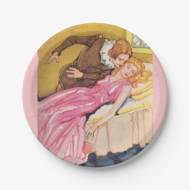 Prince Charming kissing Sleeping Beauty Paper Plate (Front)