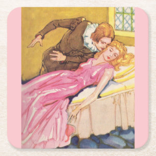 Prince Charming kissing Sleeping Beauty Square Paper Coaster