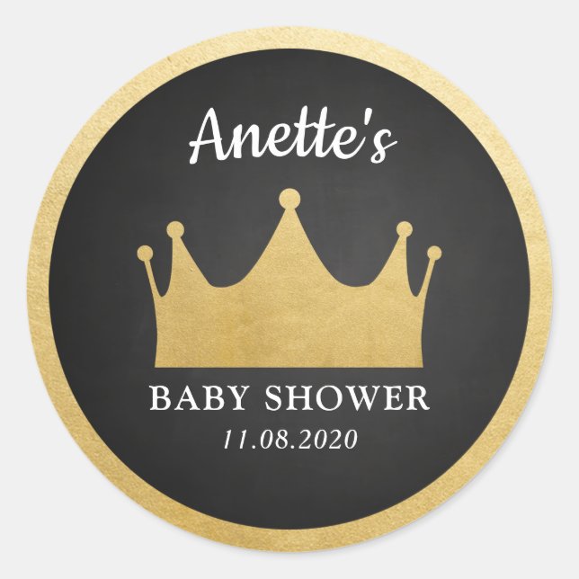 Prince Crown | Baby Shower Gold Foil | Chalkboard Classic Round Sticker (Front)