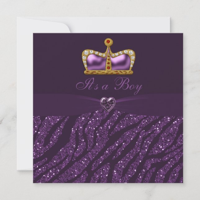Prince Crown, Heart & Zebra Glitter Baby Shower Invitation (Front)
