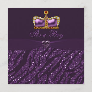Prince Crown, Heart & Zebra Glitter Baby Shower Invitation