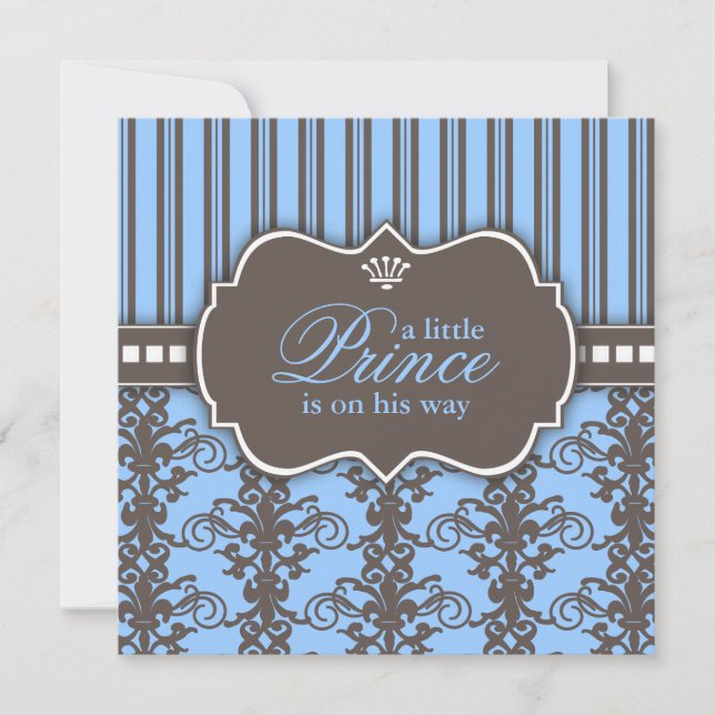 Prince Damask & Stripe Black & Blue Baby Shower Invitation (Front)