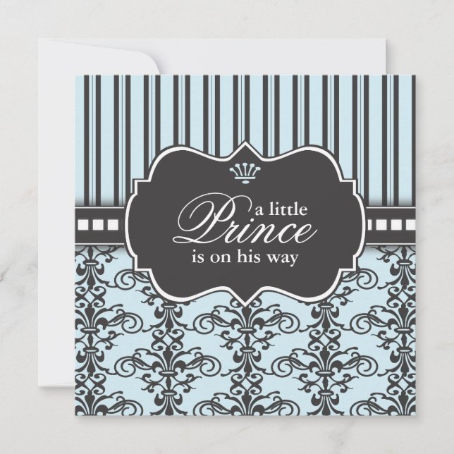 Prince Damask & Stripe Black & Blue Baby Shower Invitation (Front)