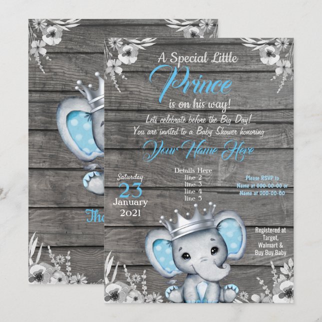 Prince Elephant Baby Shower Invitation Silver Blue (Front/Back)
