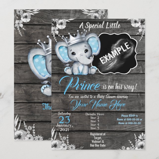 Prince Elephant Ultrasound Pic Invitation Blue (Front/Back)