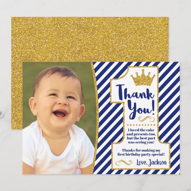 Prince First Birthday Thank You Card | Royal Blue (Front/Back)
