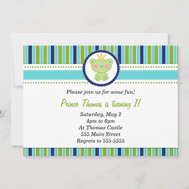 Prince Frog Invitation Boy Birthday Party Green (Front)