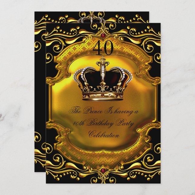 Prince King Gold Royal Black Crown Birthday 2 Invitation (Front/Back)