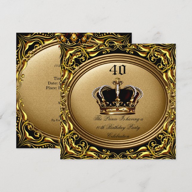 Prince King Gold Royal Black Crown Birthday 3 Invitation (Front/Back)