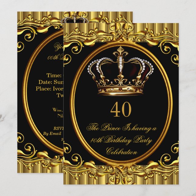 Prince King Gold Royal Black Crown Birthday 4 Invitation (Front/Back)