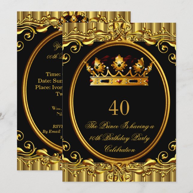 Prince King Gold Royal Black Crown Birthday 4a Invitation (Front/Back)