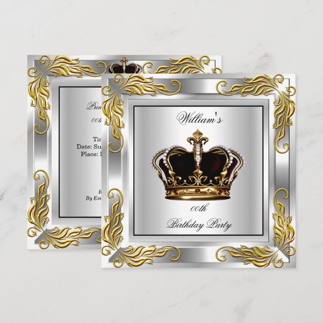 Prince King Men's Crown Silver Birthday Party Invitation (Front/Back)