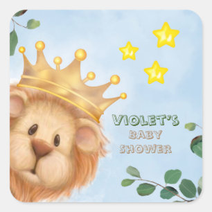 Prince Lion Golden Crown Eucalyptus Baby Shower Square Sticker