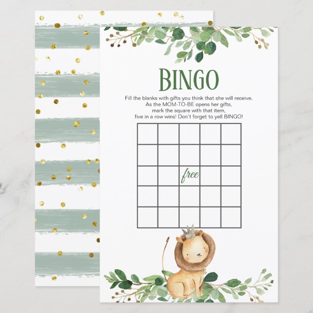 Prince Lion Greenery Baby Shower Bingo Games (Front/Back)