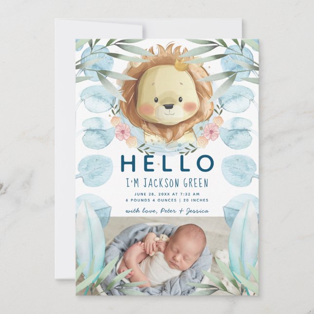 Prince Lion Illustration Photo Birth Announcement (Front)