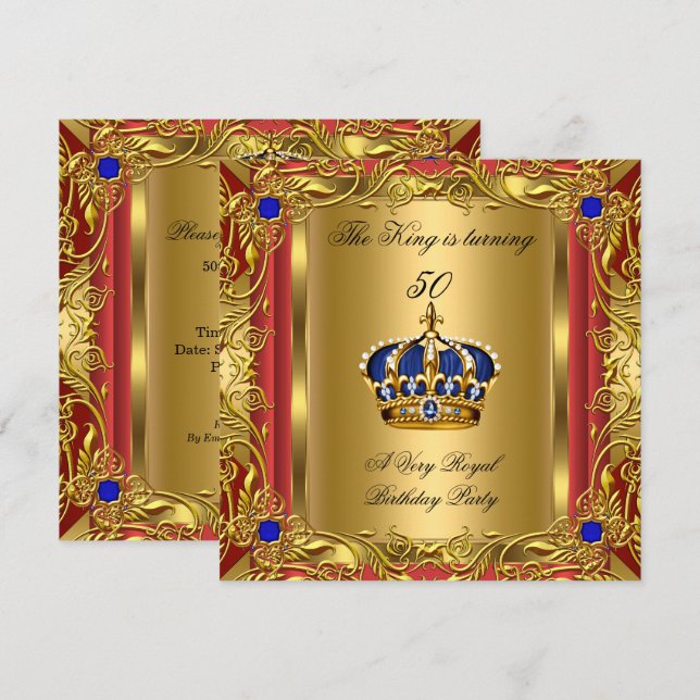 Prince or King Red Gold Royal Blue Crown Birthday Invitation (Front/Back)