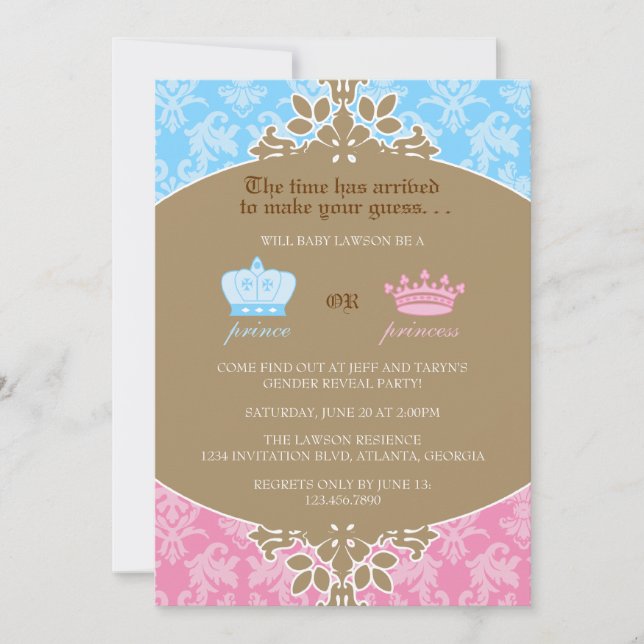 Prince or Princess Damask Gender Reveal Party Invitation (Front)