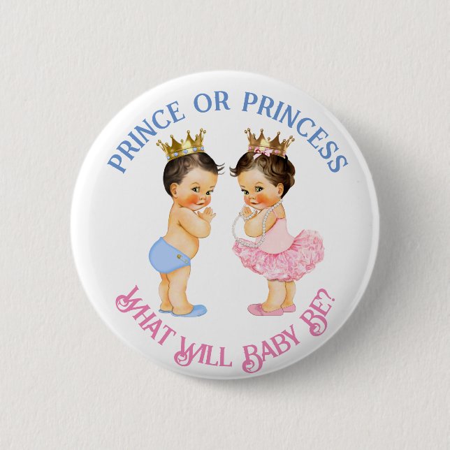 Prince or Princess Gender Reveal Pink Blue Gold 6 Cm Round Badge (Front)