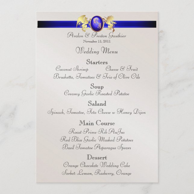 Prince & Princess Blue Jewel Crest Wedding Menu (Front)