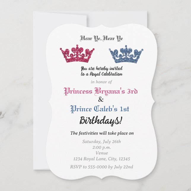 Prince & Princess Crowns Twins Party Invitation (Front)