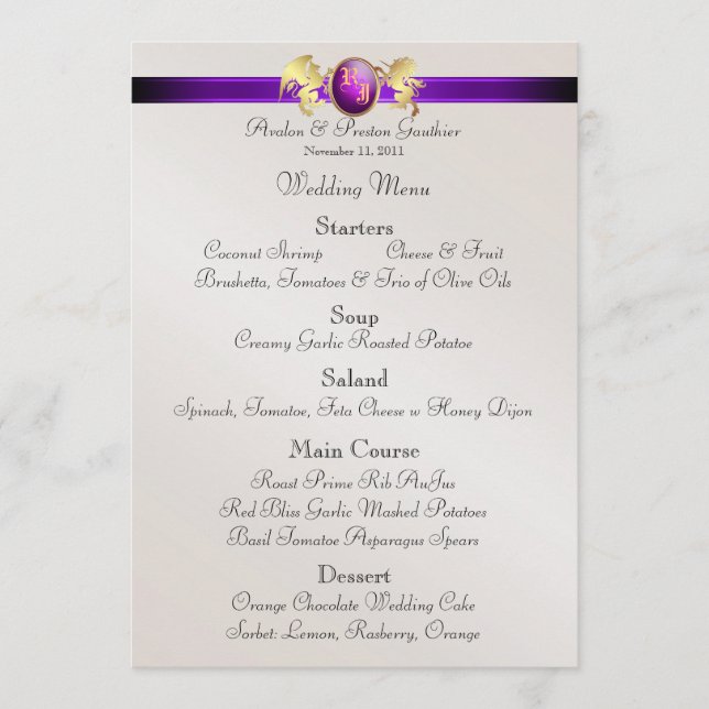 Prince & Princess Purple Jewel Crest Wedding Menu (Front)