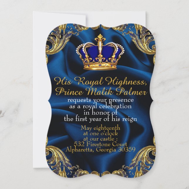 Prince Royal blue and gold crown and silk Invitati Invitation (Front)