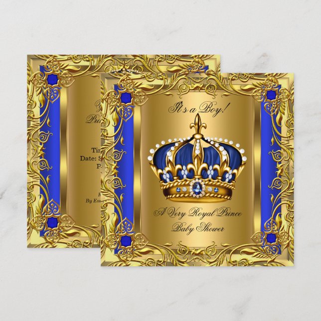 Prince Royal Blue Baby Shower Boy Regal Gold 2 Invitation (Front/Back)