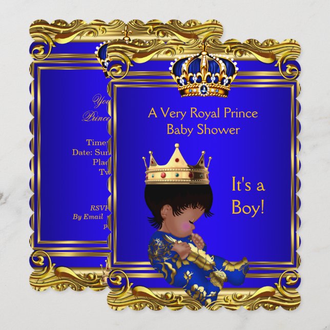 Prince Royal Blue Baby Shower Gold Boy Ethnic Invitation (Front/Back)