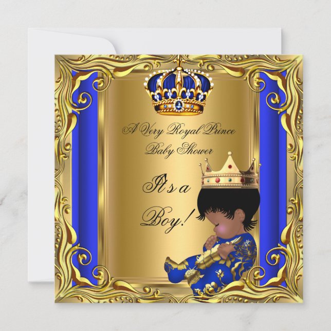 Prince Royal Blue Baby Shower Gold Ethnic Boy Invitation (Front)