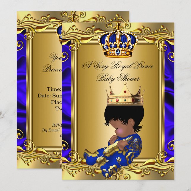 Prince Royal Blue Baby Shower Regal Gold Boy 2 Invitation (Front/Back)