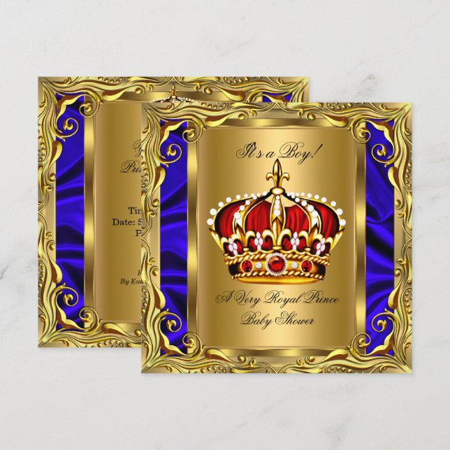Prince Royal Blue Baby Shower Regal Red Gold Boy Invitation (Front/Back)
