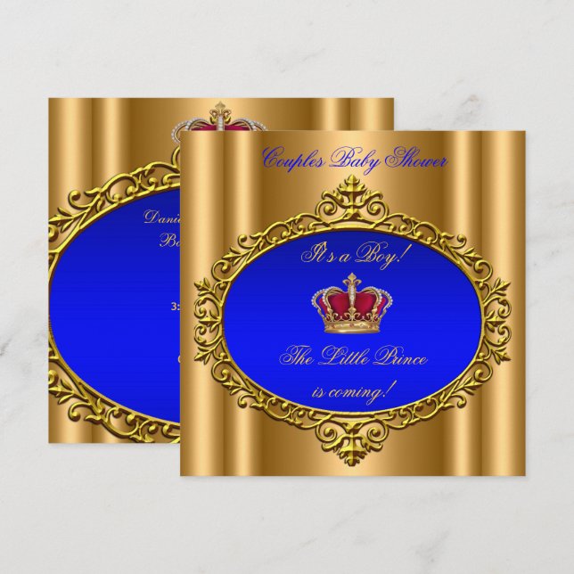 Prince Royal Blue Boy Baby Shower Crown Gold Invitation (Front/Back)
