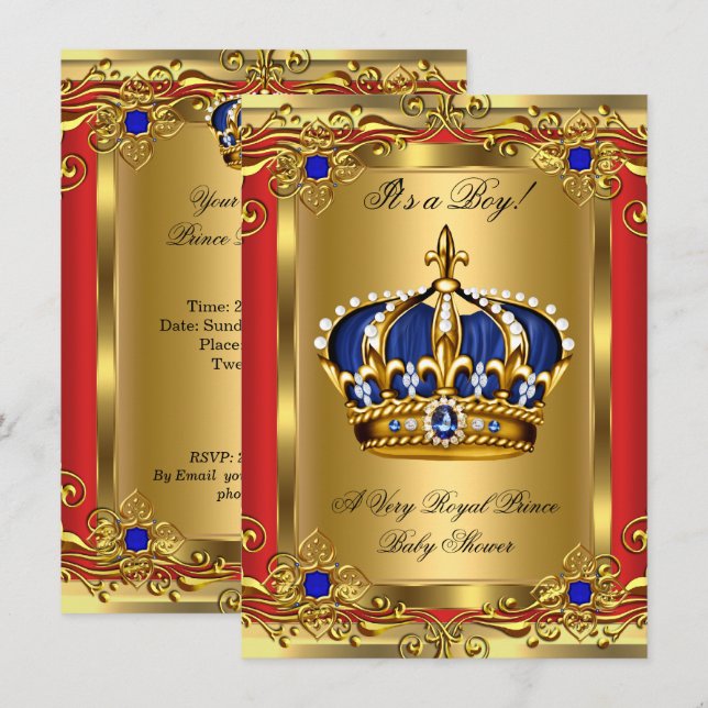 Prince Royal Blue Boy Baby Shower Regal Red Gold 2 Invitation (Front/Back)