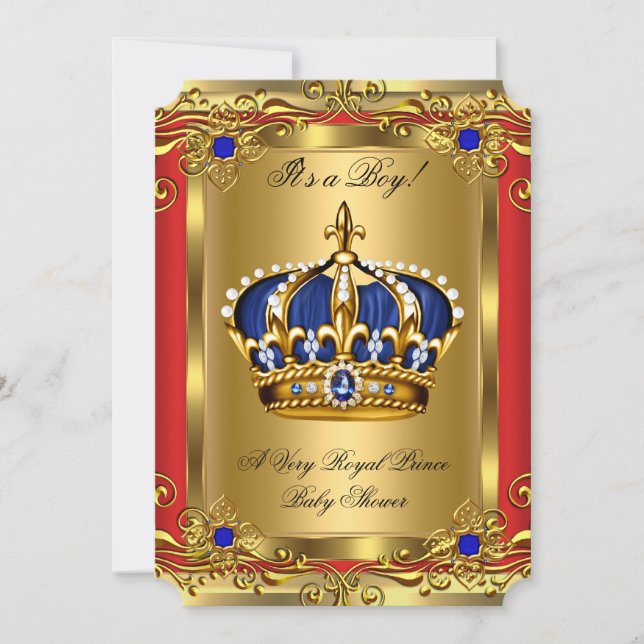 Prince Royal Blue Boy Baby Shower Regal Red Gold 2 Invitation (Front)