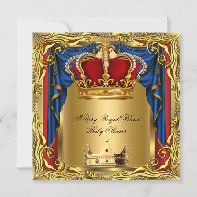 Prince Royal Blue Boy Baby Shower Regal Red Gold 2 Invitation (Front)