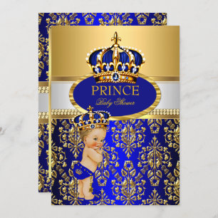 Prince Royal Blue Crown Baby Shower Blonde Boy Invitation